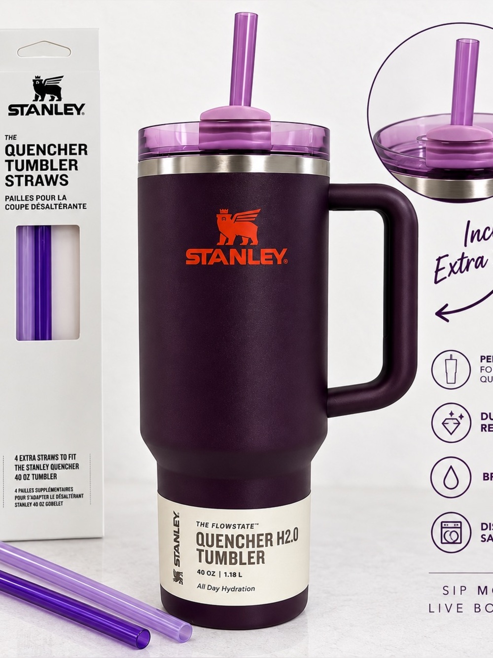 Stanley Quencher H2.0 40oz Deep Plum Purple Tumbler with Straws NEW